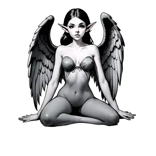 Girl Elf with long ears, lush shapes and large wings in an erotic position on the knees. Black white drawing line tattoo design idea