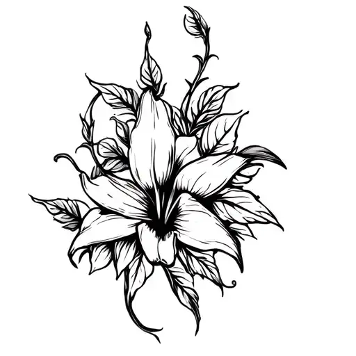angels trumpet flower, leaves, vine wrapping tattoo design idea