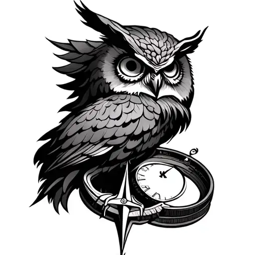 compass with owl symbol in north, lion head symbol in south tattoo design idea