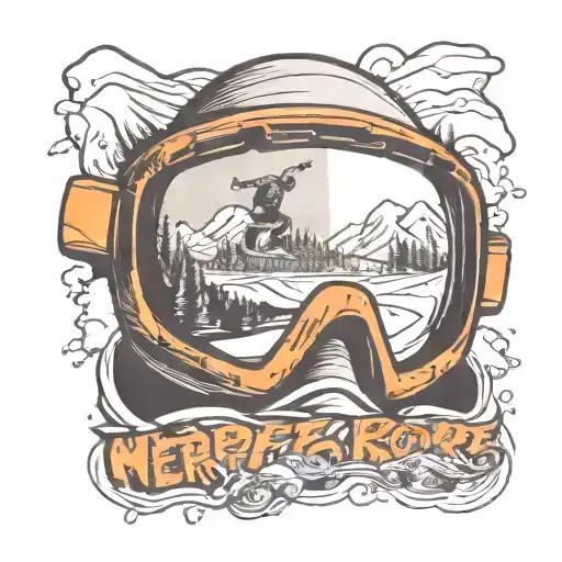 snowboarding goggles with reflection of a jumping snowboarder in the lens tattoo design idea