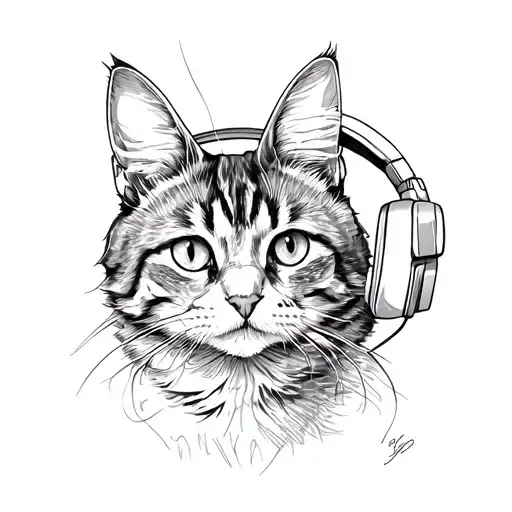 A sketch-style tattoo of a Maine Coon cat wearing headphones tattoo design idea
