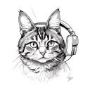 A sketch-style tattoo of a Maine Coon cat wearing headphones tattoo design idea