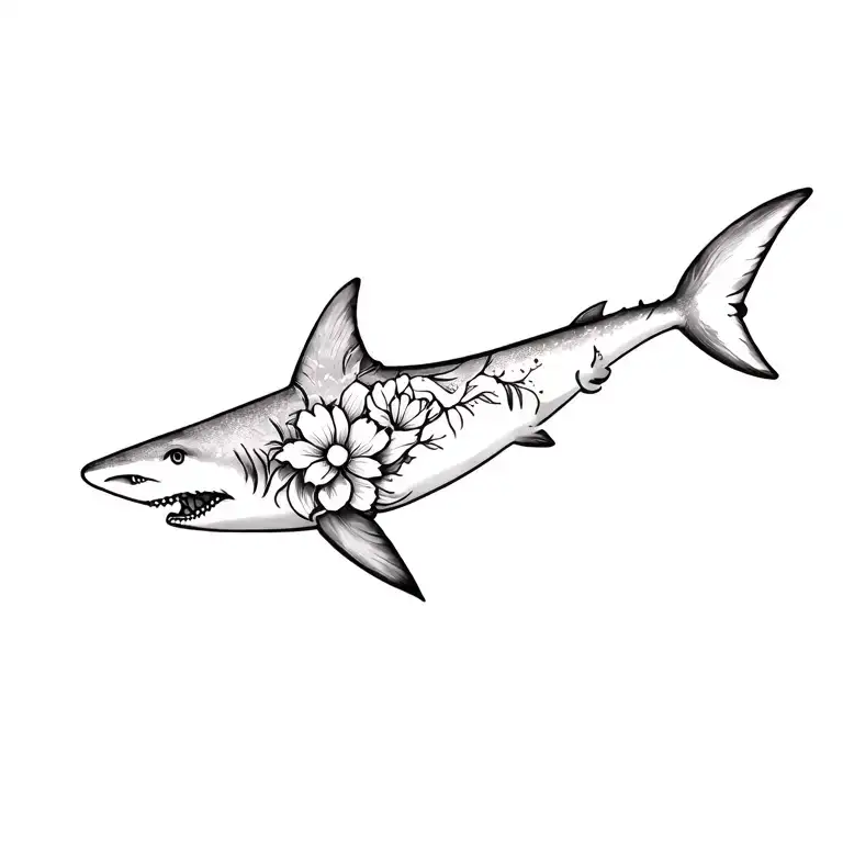 floral shark tattoo design idea