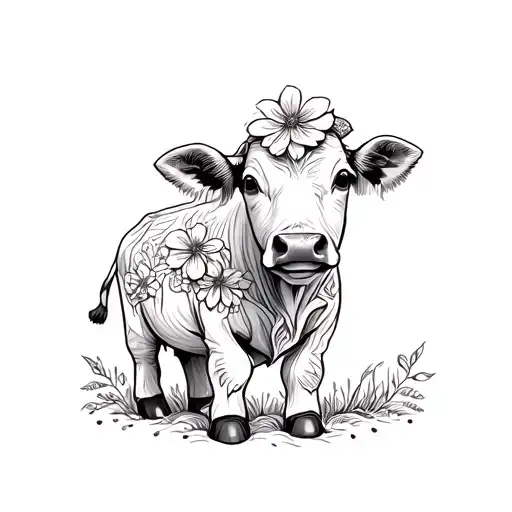 baby cow with flowers or stars tattoo design idea