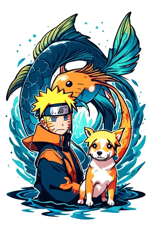 pisces symbol with naruto and boruto together and a small dog tattoo design idea
