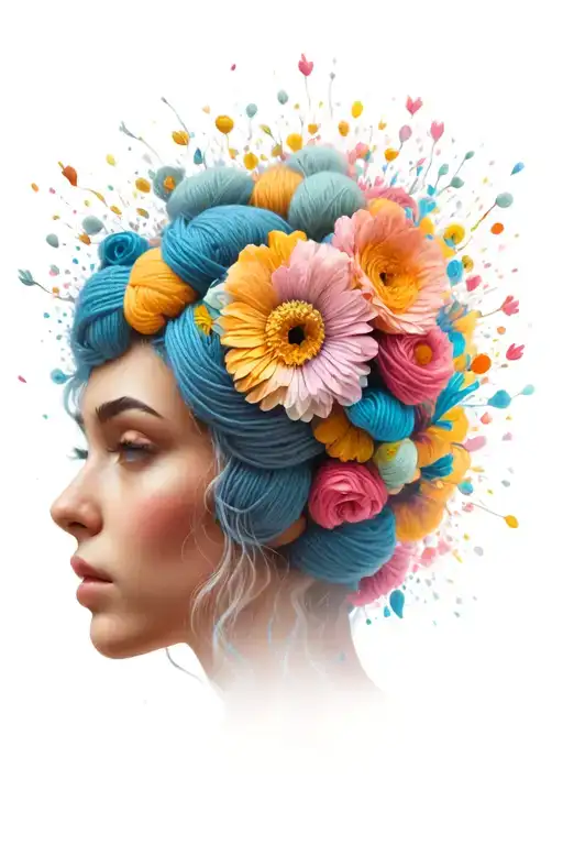 female face with yarn exploding from head with flowers surrounding  tattoo design idea