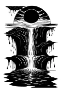 a sun melting into a waterfall that turns into rain drops tattoo design idea