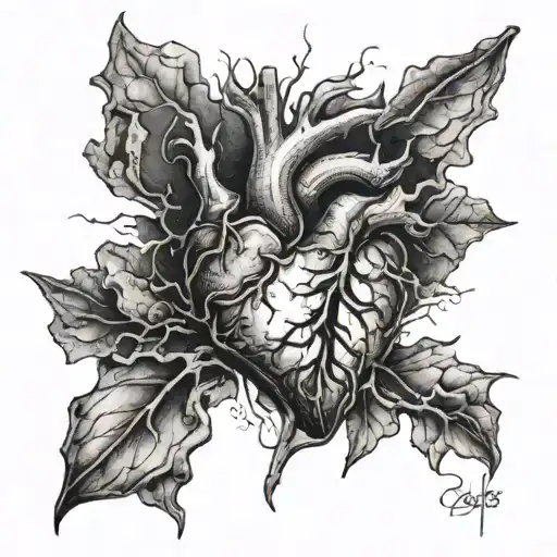 A detailed tattoo sketch of a heart transitioning from a stone-like, petrified texture on one side to a vibrant, lifelik tattoo design idea
