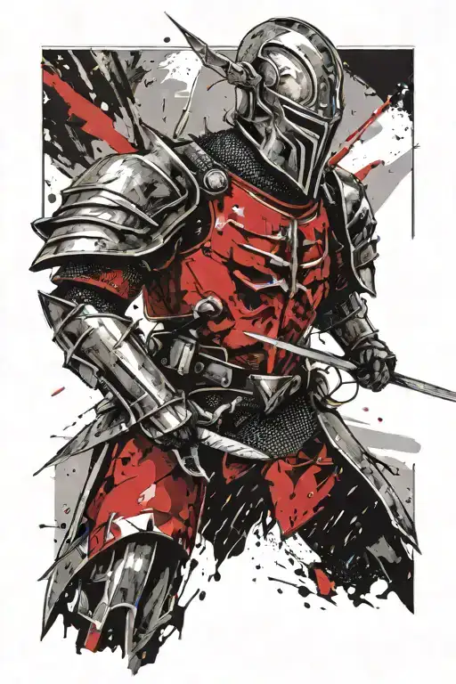 Powerful angel warrior wearing a full suit of armour a full face helmet with horns. Wielding a divine longsword in a str tattoo design idea