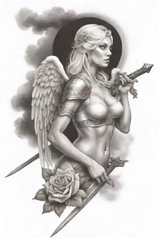 a sexy blond female angel as a warrior with some clouds, a rose and a Cross for a halfsleeve tattoo tattoo design idea