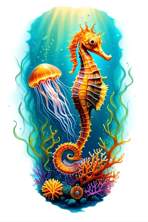undersea coral reef scene with vibrant coral, tall swaying kelp, a delicate seahorse, and two jellyfish tattoo design idea