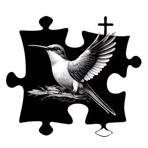 Puzzle piece Catholic chrism colibri gracefully perched tattoo design idea