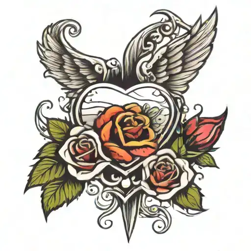 heart with wings a knife going through it with a rose and a banner tattoo design idea