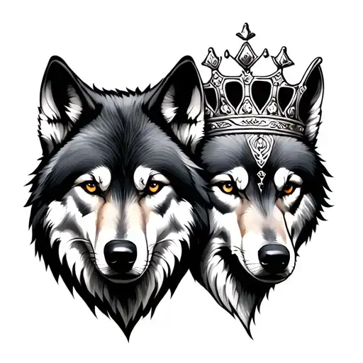 2 Wolves together one with Queen Crown tattoo design idea