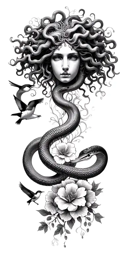 realism Medusa head on lat ith snakes coming down the arm and fading in to fine line flowers and birds down to the wrist tattoo design idea