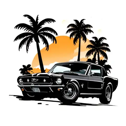 vintage ford mustang with palm tree silhouette tattoo design idea