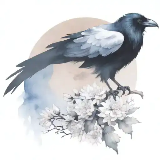 Black raven, white raven, branch, moon, chrysanthemum tattoo design idea