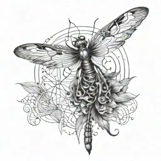 metatron's cube dragonfly peacock feather intertwined tattoo design idea