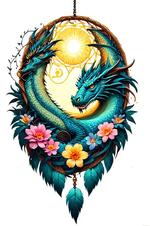 sun moon dreamcatcher flowers with medieval dragon encroached and wrapped around leg tattoo design idea