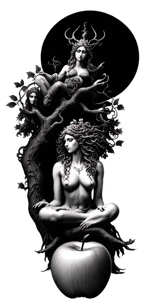 hecate goddess sitting + medusa goddess + lilith + tree of life with 1 apple tattoo design idea