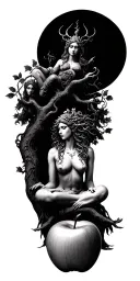 hecate goddess sitting + medusa goddess + lilith + tree of life with 1 apple tattoo design idea