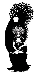 hecate goddess sitting + medusa goddess + lilith + tree of life with 1 apple tattoo design idea