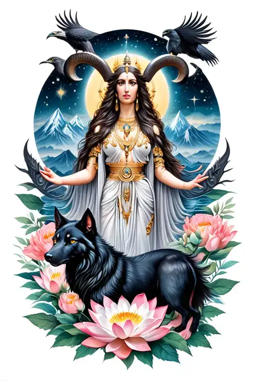 Aries Goddess Surrounded By Poeny And Lotus Flowers With A Black Wolf and hawk And Mountains Range and mars stars insky  tattoo design idea