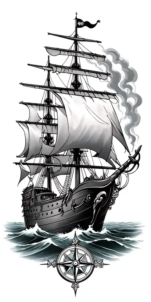 pirate ship, anchor, compass, mermaid, storm tattoo design idea