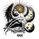 angel sleeping with sun and moon on either side with the number 444 under the angel tattoo design idea