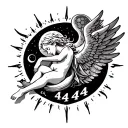 angel sleeping with sun and moon on either side with the number 444 under the angel tattoo design idea