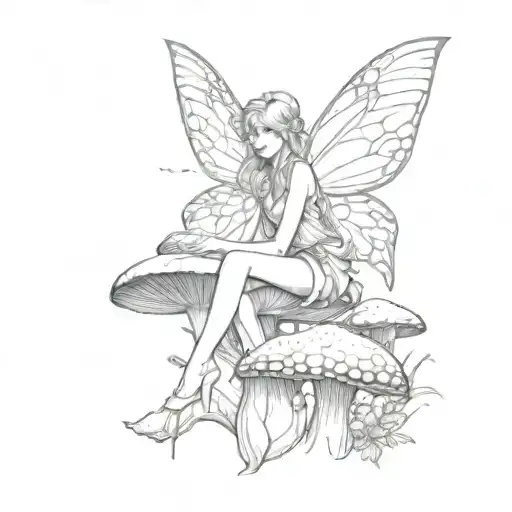pretty fairy sitting on a mushroom tattoo design idea