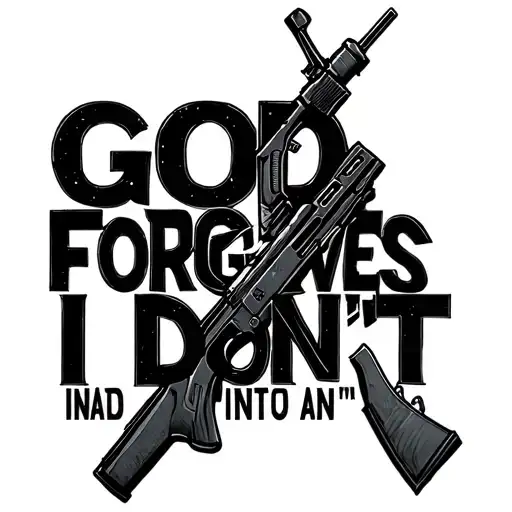 the words GOD FORGIVES I DONT made into the shape of an AK-47 tattoo design idea