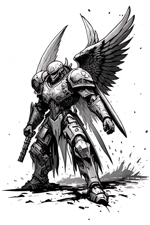 Warmhammer 40k line art style, blood angels faction. busy and mechanical. dark fantasy sci fi style. tattoo design idea