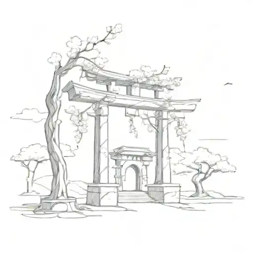 the sakura tree next to the Japanese arch monument tattoo design idea