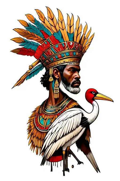 African Zulu Warrior King with Crown and Ibis bird protector next to him tattoo design idea