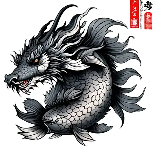 carp koi transforming into a dragon traditional Japanese black and gray tattoo design idea