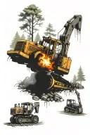 dozer, fire, forest landscape tattoo design idea