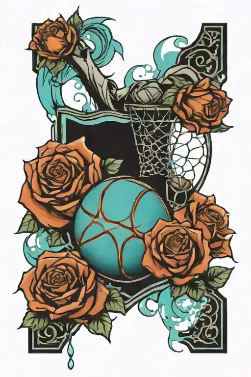 roses, basketball, aqua color smoke tattoo design idea