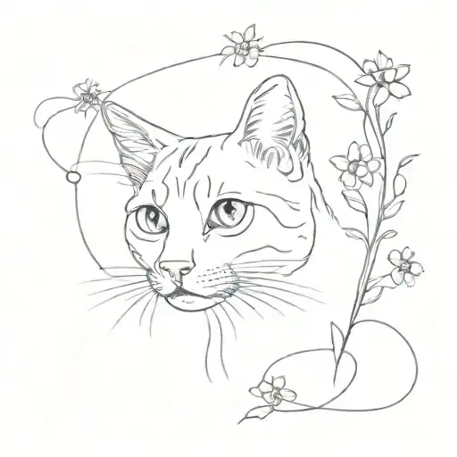 Cat only outline looks up at the forget-me-not flower tattoo design idea