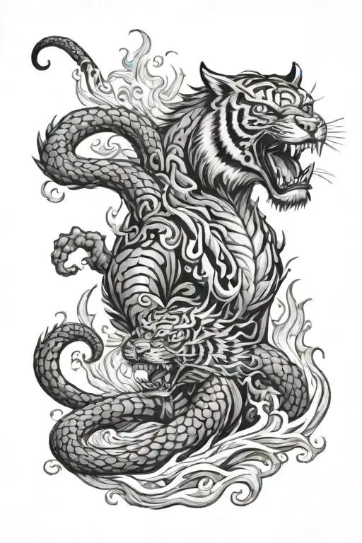 tiger and water dragon fight with flames tattoo design idea