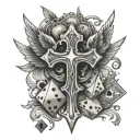 crosses with angle wings and dice with playing card tattoo design idea