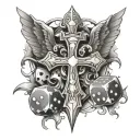 crosses with angle wings and dice with playing card tattoo design idea