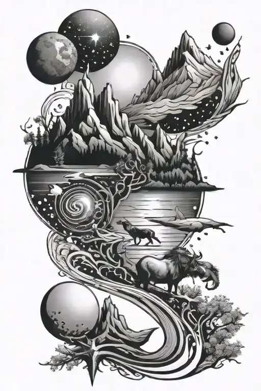 tribal river mountains wild animals and planets with stars tattoo design idea