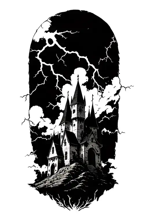 A Midevil Castle in a lightning storm in the style of black metal album covers tattoo design idea