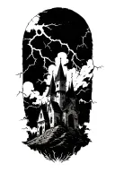A Midevil Castle in a lightning storm in the style of black metal album covers tattoo design idea