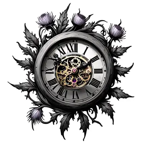 dali melting clock mechanism intertwined thistle vines frame surround tattoo design idea