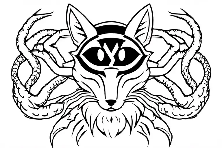 kitsune mask that has ankh in his forehead and has egyptian mytology eyes. surrounded by 8 hydra arms tattoo design idea