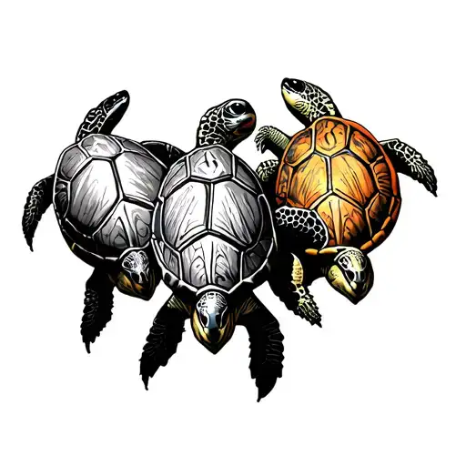 three turtles in a row, first one is old and realiatic, second one is maori style, and third one ia colorfull young hapy tattoo design idea