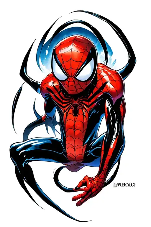 spider-man iron spider with venom symbiote full sleeve tattoo design idea