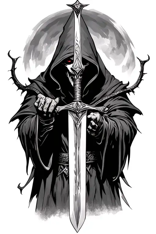 witchking of angmar, Nazgul with a Sword, dark, scary, hooded tattoo design idea